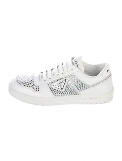 Pre-owned Prada Enameled Metal Triangle Leather Sneakers In White