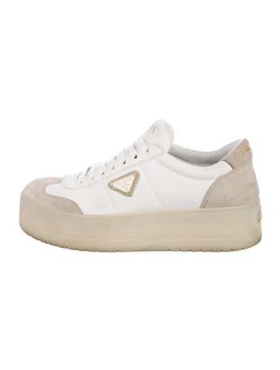 Pre-owned Prada Enameled Metal Triangle Leather Sneakers In White