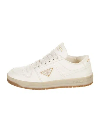 Pre-owned Prada Enameled Metal Triangle Leather Sneakers In White