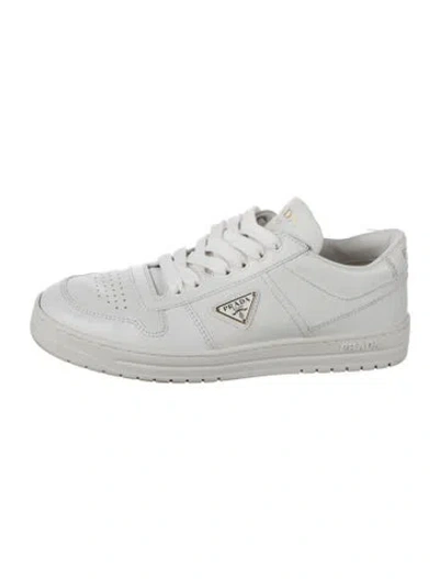 Pre-owned Prada Enameled Metal Triangle Leather Sneakers In White