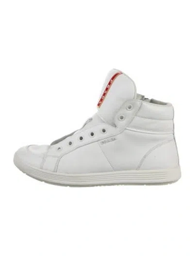 Pre-owned Prada Enameled Metal Triangle Leather Sneakers In White