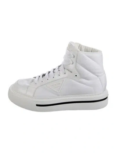 Pre-owned Prada Enameled Metal Triangle Leather Sneakers In White