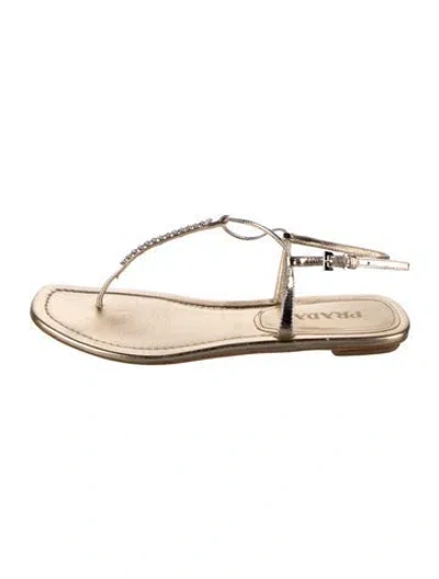 Pre-owned Prada Enameled Metal Triangle Leather T-strap Sandals In Gold/metallic