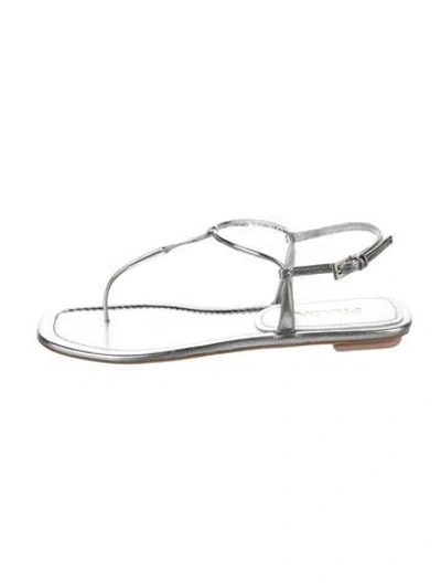 Pre-owned Prada Enameled Metal Triangle Leather T-strap Sandals In Silver