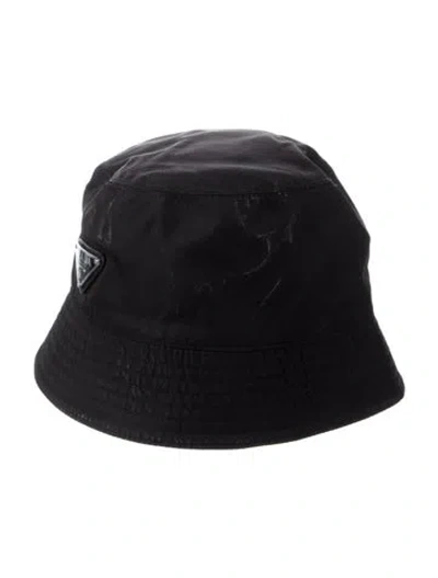 Pre-owned Prada Enameled Metal Triangle Logo Accent Bucket Hat In Black