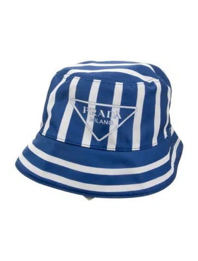 Pre-owned Prada Enameled Metal Triangle Logo Accent Bucket Hat In Blue