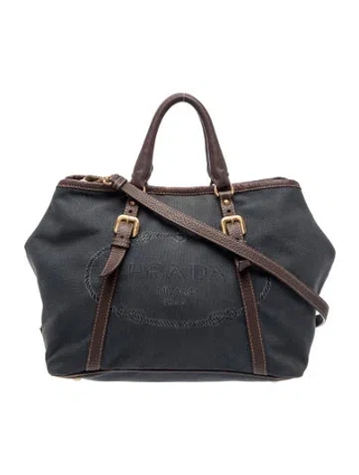 Pre-owned Prada Enameled Metal Triangle Logo Jacquard Canvas Tote In Blue
