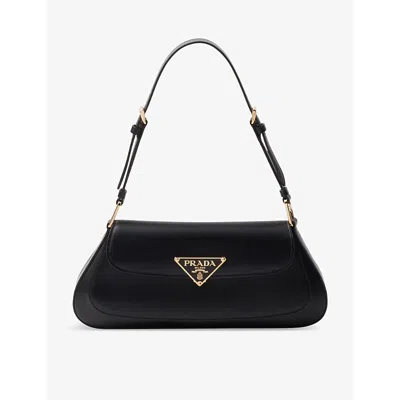 Prada Enameled Metal Triangle-logo Leather Shoulder Bag In Black