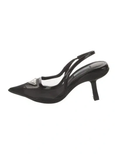 Pre-owned Prada Enameled Metal Triangle Mesh Slingback Pumps In Black