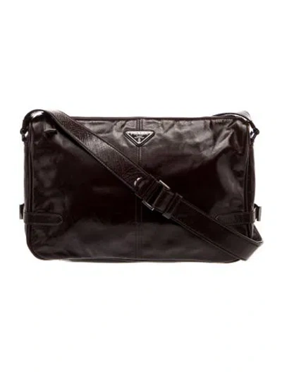 Pre-owned Prada Enameled Metal Triangle Messenger Bag In Brown