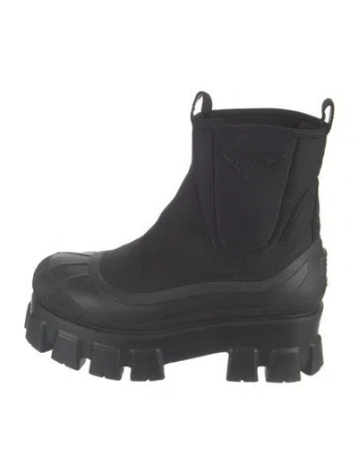 Pre-owned Prada Enameled Metal Triangle Neoprene Chelsea Boots In Black