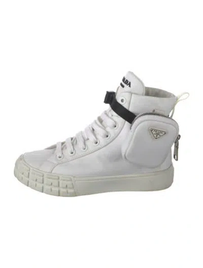 Pre-owned Prada Enameled Metal Triangle Nylon Athletic Sneakers In White