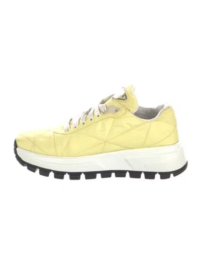 Pre-owned Prada Enameled Metal Triangle Nylon Athletic Sneakers In Yellow