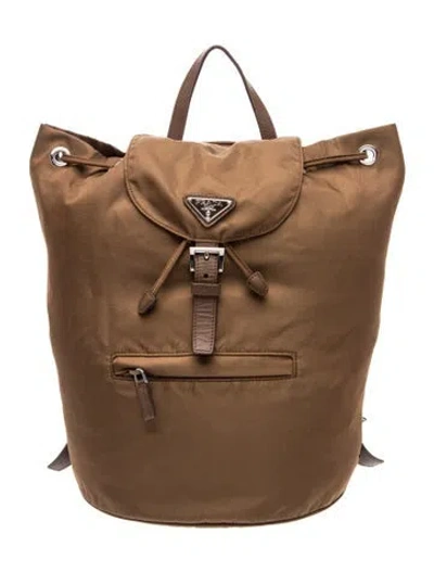 Pre-owned Prada Enameled Metal Triangle Nylon Backpack In Brown