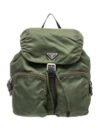 Pre-owned Prada Enameled Metal Triangle Nylon Backpack Medium In Green