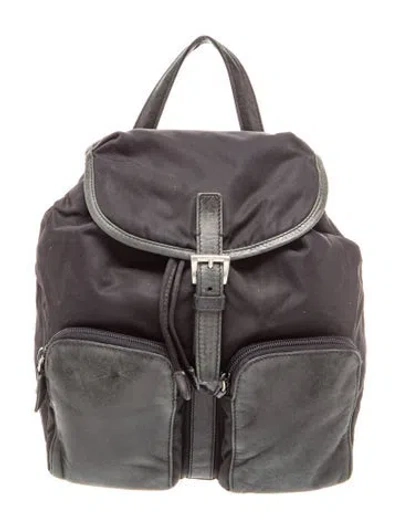 Pre-owned Prada Enameled Metal Triangle Nylon Backpack Small In Black