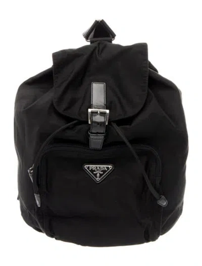 Pre-owned Prada Enameled Metal Triangle Nylon Backpack Small In Black