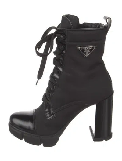 Pre-owned Prada Enameled Metal Triangle Nylon Boots In Black