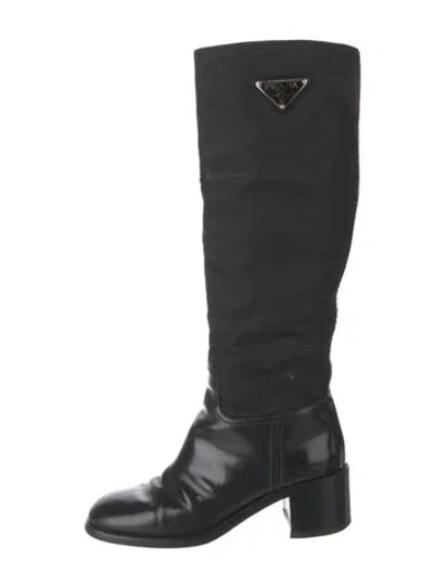 Pre-owned Prada Enameled Metal Triangle Nylon Boots In Black