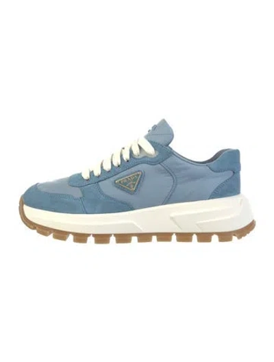 Pre-owned Prada Enameled Metal Triangle Nylon Chunky Sneakers In Blue