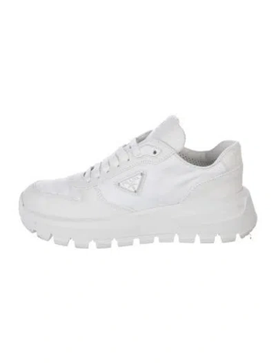 Pre-owned Prada Enameled Metal Triangle Nylon Chunky Sneakers In White