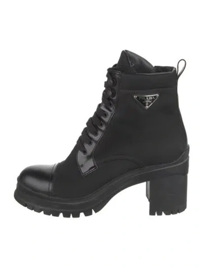 Pre-owned Prada Enameled Metal Triangle Nylon Combat Boots In Black