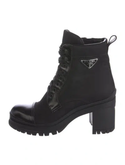 Pre-owned Prada Enameled Metal Triangle Nylon Combat Boots In Black