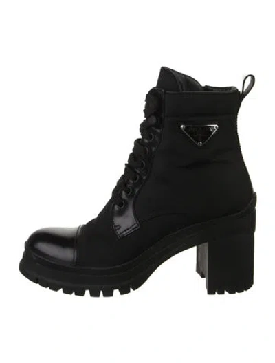 Pre-owned Prada Enameled Metal Triangle Nylon Combat Boots In Black