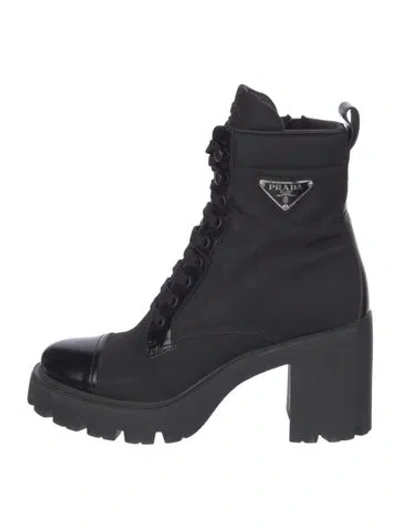 Pre-owned Prada Enameled Metal Triangle Nylon Combat Boots In Black