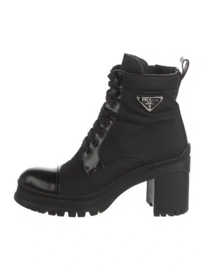 Pre-owned Prada Enameled Metal Triangle Nylon Combat Boots In Black