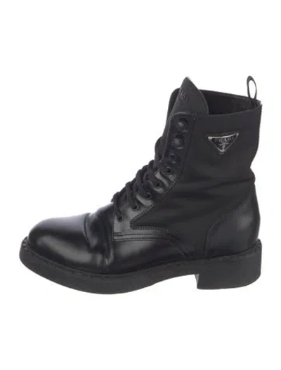 Pre-owned Prada Enameled Metal Triangle Nylon Combat Boots In Black