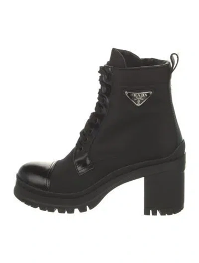 Pre-owned Prada Enameled Metal Triangle Nylon Combat Boots In Black
