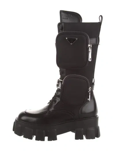 Pre-owned Prada Enameled Metal Triangle Nylon Combat Boots In Black
