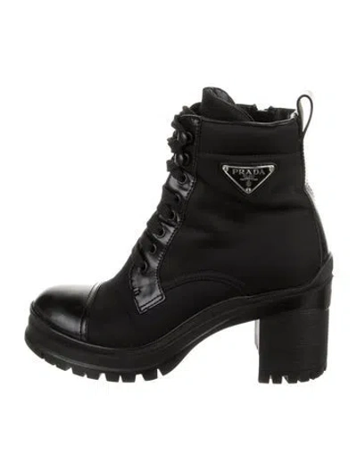 Pre-owned Prada Enameled Metal Triangle Nylon Combat Boots In Black