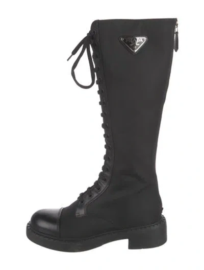 Pre-owned Prada Enameled Metal Triangle Nylon Combat Boots In Black