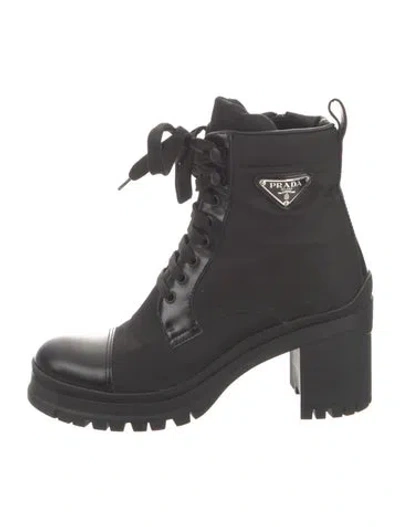 Pre-owned Prada Enameled Metal Triangle Nylon Combat Boots In Black