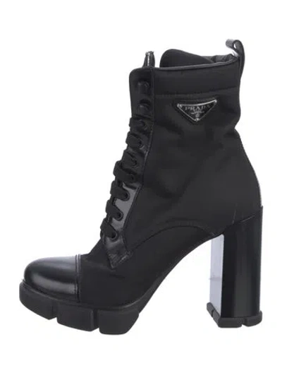 Pre-owned Prada Enameled Metal Triangle Nylon Combat Boots In Black