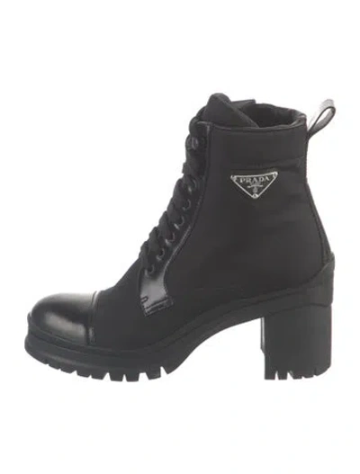 Pre-owned Prada Enameled Metal Triangle Nylon Combat Boots In Black