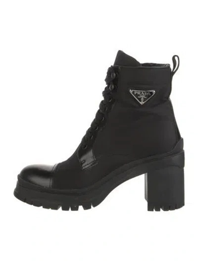 Pre-owned Prada Enameled Metal Triangle Nylon Combat Boots In Black