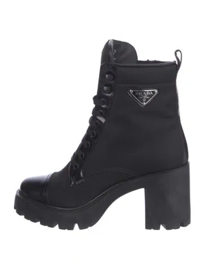 Pre-owned Prada Enameled Metal Triangle Nylon Combat Boots In Blue