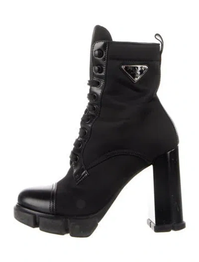 Pre-owned Prada Enameled Metal Triangle Nylon Combat Boots In Blue
