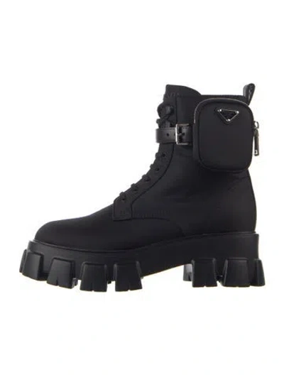 Pre-owned Prada Enameled Metal Triangle Nylon Combat Boots In Blue
