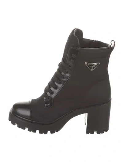 Pre-owned Prada Enameled Metal Triangle Nylon Combat Boots W/ Tags In Black