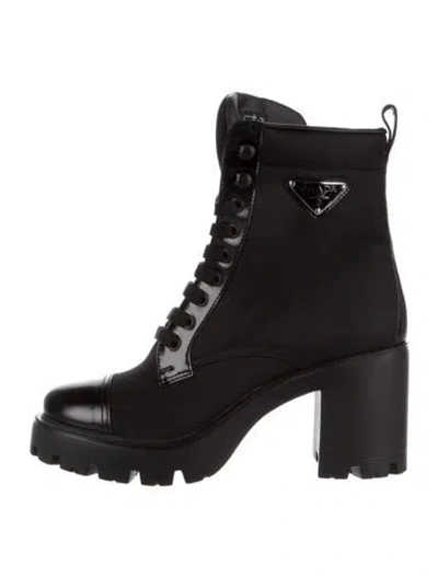 Pre-owned Prada Enameled Metal Triangle Nylon Combat Boots W/ Tags In Black