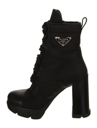 Pre-owned Prada Enameled Metal Triangle Nylon Lace-up Boots In Black