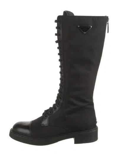 Pre-owned Prada Enameled Metal Triangle Nylon Lace-up Boots In Black