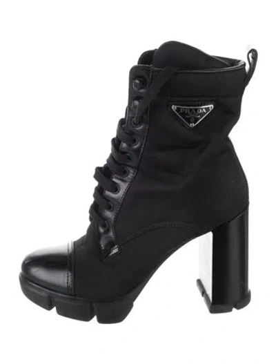 Pre-owned Prada Enameled Metal Triangle Nylon Lace-up Boots In Black