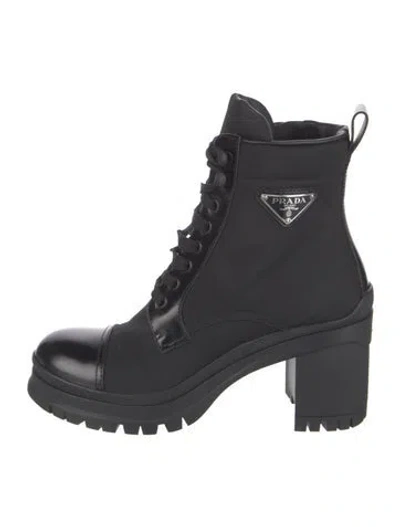 Pre-owned Prada Enameled Metal Triangle Nylon Lace-up Boots In Black
