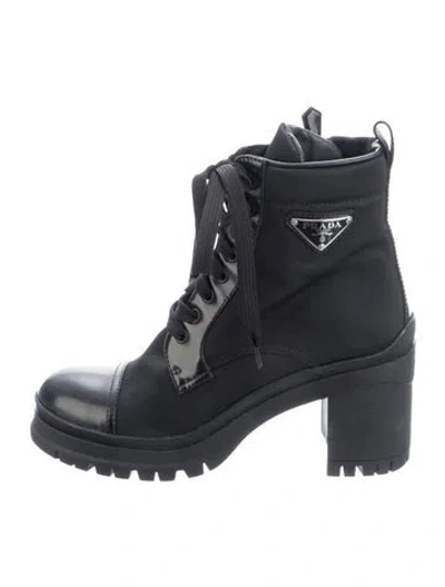 Pre-owned Prada Enameled Metal Triangle Nylon Lace-up Boots In Black