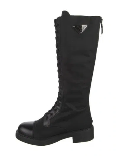 Pre-owned Prada Enameled Metal Triangle Nylon Lace-up Boots In Black